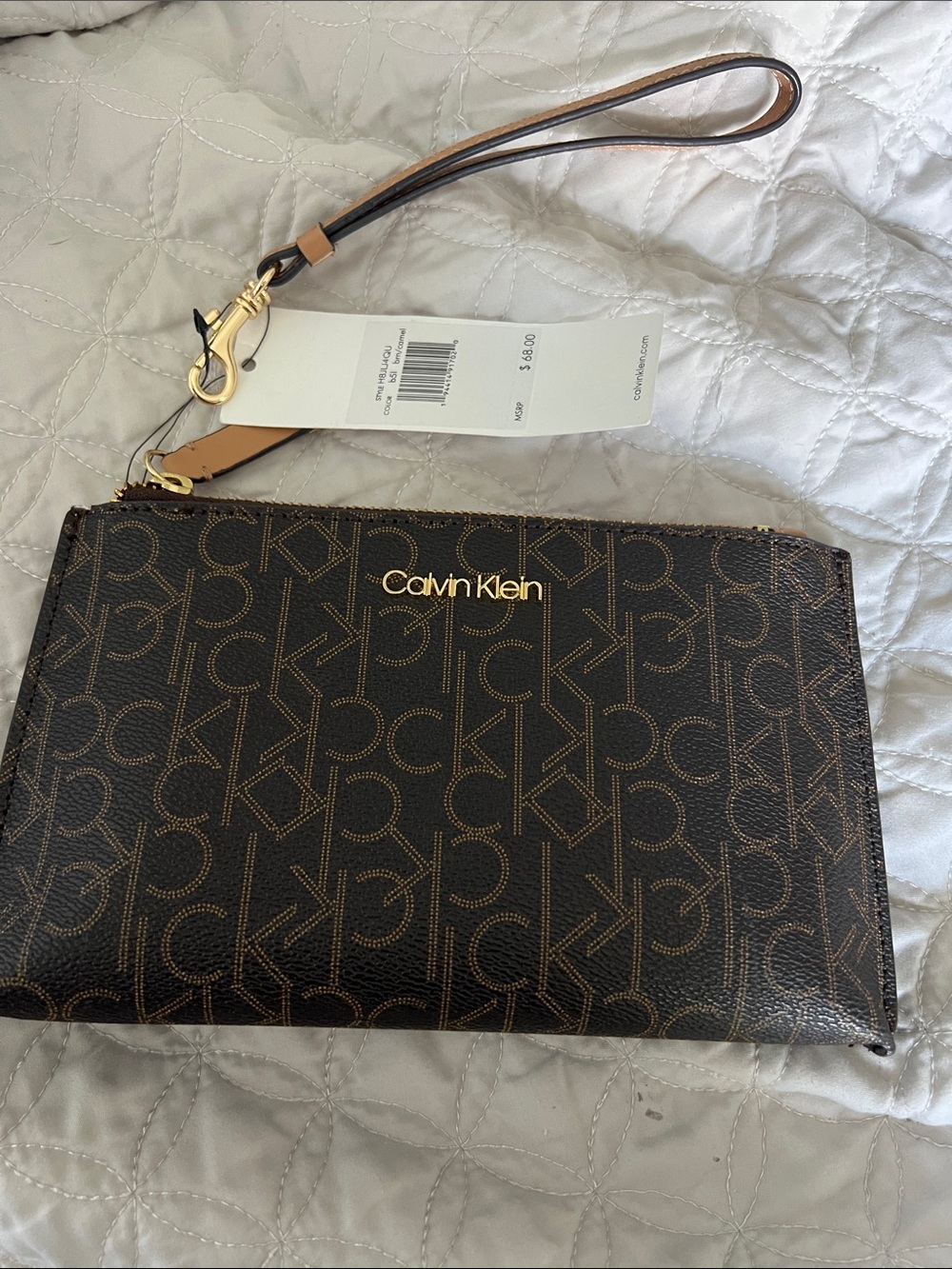 NWT Calvin Klein Brown Logo Wristlet Clutch